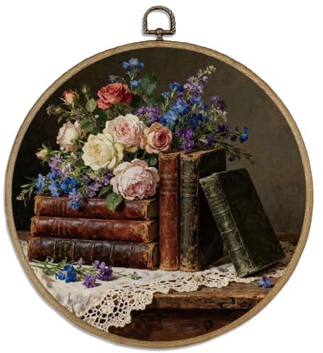 DELORIGIN Retro Buchblumen Vintage Wandbild Runder Holzrahmen Mit Leinwanddruck Und Metallhaken Kunstdruck Für Schlafzimmer Wohnzimmer Flur 26cm