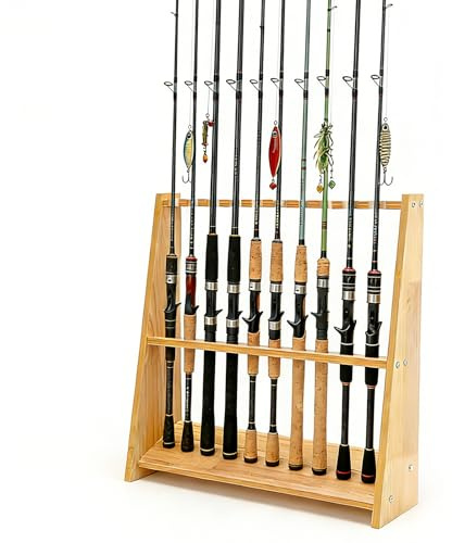 VIHBRAI Rutenständer für 10 Angelrutenhalter aus Holz, Holz-Rutenhalter, Angelrutenständer für Angelausrüstung, Billardqueues, Angelausrüstung Geschenkideen für Männer, Angler, Väter, 60 x 18 x 58 cm