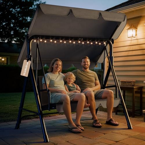 Soontrans Hollywoodschaukel 3-Sitzer für Entspannte Nachmittag im Garten, Gartenschaukel mit Polsterauflage & Verstellbarem Sonnendach, aus Stahlgestell & Textilene-Gewebe (175.5x110x152 cm, Anthrazit