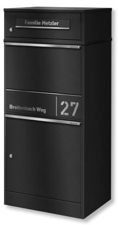 Metzler Paketbox draussen groß in Schwarz RAL9005 - Briefkasten mit Paketfach personalisiert mit Gravur - Standbriefkasten mit Edelstahl Namensschild pulverbeschichtet rostfrei und massiv