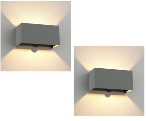 ledscom.de 2x Wandleuchte CUBEL, Dämmerungssensor, Bewegungmelder für außen, IP65, Up-/Downlight, grau matt, rechteckig, 2x G9 max. 10W