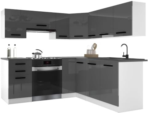 Belini Italia 6 Eckküche Küchenblock 360cm Grau Hochglanz | Küchenset als Eckküche, weiße Korpusse, DECOR ECONATURA Material, kratzfest, ohne Elektrogeräte, mit Arbeitsplatte
