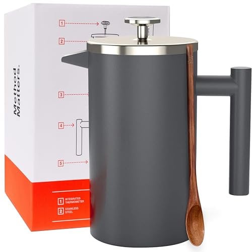 Barista Warrior French Press Kaffeebereiter - Doppelwandige Edelstahl Isolierte French Press mit eingebautem Thermometer, Dual Filter Kaffeemaschine mit Holzlöffel - Grau