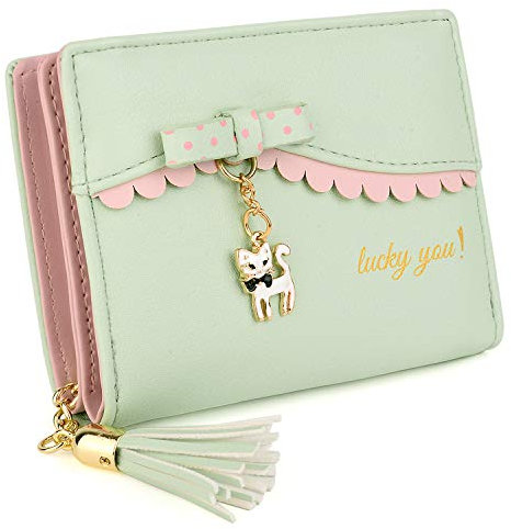UTO Portefeuille Femme Porte-Cartes PU Cuir Doux avec Chat et Nœuds Papillon Ton d'or Mignon Vert Foncé