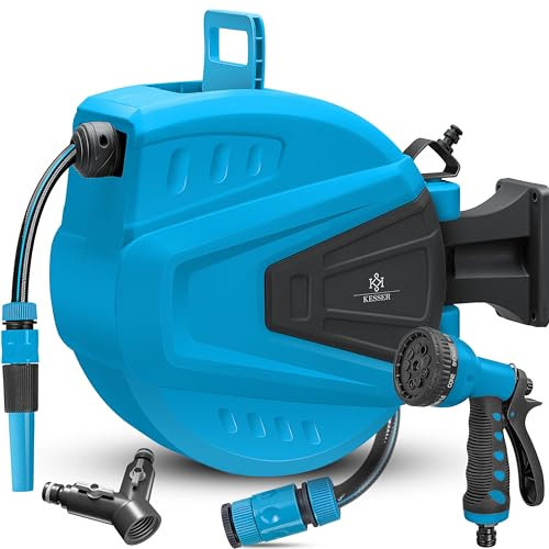 KESSER® Schlauchtrommel Wasser 15+2m Schlauchaufroller Inkl. 2-Wege-Verteiler + Multi-Handbrause Wasserschlauchtrommel Automatik | 180° Schwenkbar | Wandhalterung | Gartenschlauch | Blau
