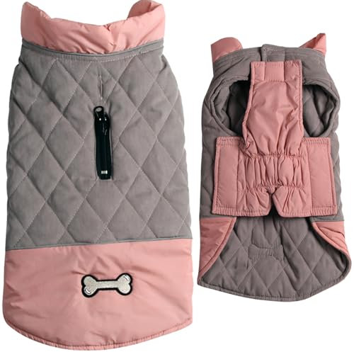 Vecomfy Wendbare Hundemäntel, Hundekleider für mittelgroße Hunde, wasserdicht, warme Baumwolle, Hundejacke für kalten Winter, Rosa und Grau, Größe L