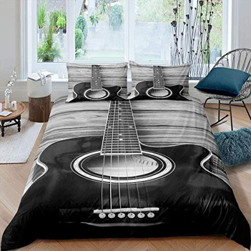 Guitar Duvet Cover Double Music Theme Bedding for Kids Teens Adult, Vintage Guitar on Wooden Floor Comforter Quilt Cover, Girls Boys Room Modern Decoration 3 Pcs Bed Set with 2 Pillowcases Grey