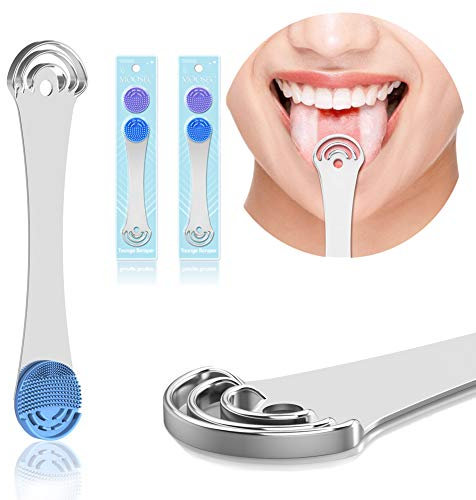 Zungenreiniger aus 100% Edelstahl, Praktisch Zungenreiniger Schaber with 2 Austauschbare Zungenbürste, Extra stabile Griffe, Gegen Mundgeruch, 2 Stück