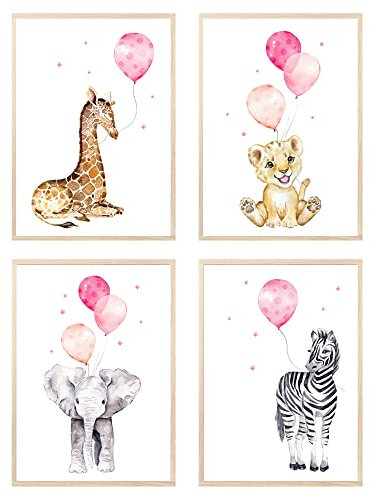 MeinBaby123® Lot de 3 posters pour chambre d'enfant,Format A4,Papier peint,Motif animaux,Décoration de chambre de bébé,Affiche murale de qualité supérieure (animaux et ballons rose)