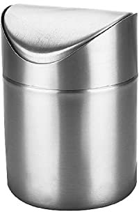 ETRAVEL Mini Desktop Trash Can with Lid, Brushed Stainless Steel Swing Bin, Small Desk Bin Indoor Dustbin, 12 * 12 * 16.5CM, 1.5L