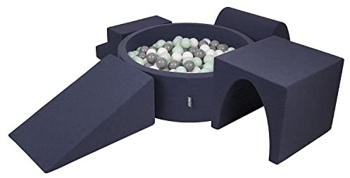 KiddyMoon Aire De Jeux en Mousse avec Rond Piscine À Balles (200 Balles) Fosses À Boules pour Enfants Jouets Parcours Obstacles, Fabriqué en UE, Bleu Foncé:Blanc/Gris/Menthe