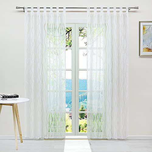 ESLIR Gardinen mit Schlaufen Vorhänge Ausbrenner Fensterschal Transparent Schlaufenschal mit Wellen Muster Weiß BxH 140x145cm 2 Stück