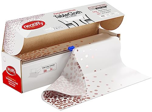 Neatiffy abbaubare Einweg-Tischtuchrolle aus Kunststoff mit Gleitschneider, wasserdichte Abdeckung für alle Tische/Formen, Picknick, Party, Geburtstage, Hochzeiten weiße Roségold-Punkte