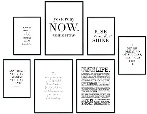 Hyggelig Home Premium Poster - 7 Fitness Bilder - Wandposter Wohnzimmer Schlafzimmer Gym Büro - Set (Zitate, Ohne Rahmen | 3 x DIN A3 + 4 x DIN A4)