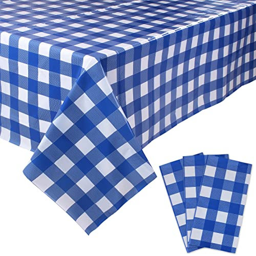 Kesfey 3 Pack Bleu 54x108 Pouces nappes Gingham, Nappe à Carreaux jetables en Plastique couvertures de Table rectangulaire étanche pour Les fêtes et Pique-Nique