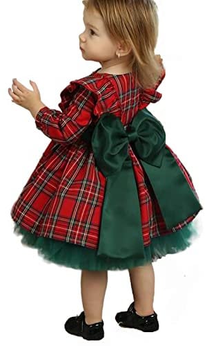 Yassiglia Girls' Dresses Girls Christmas Dress Xmas Red Tartan Dresses for Girls Newborn Baby Fly Sleeve Plaid Princess Dress Toddler Christmas Outfit (Red Green, 2-3 Years)