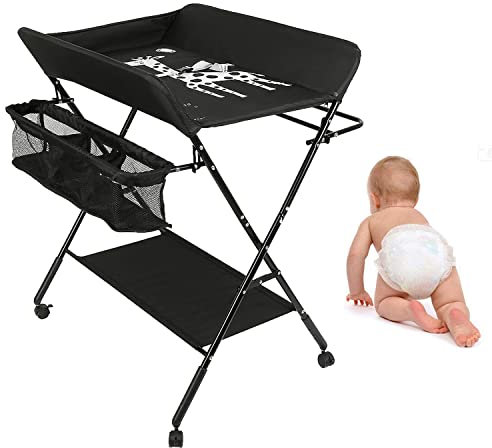 THINFAR Wickeltisch, klappbar, Wickeltisch mit Aufbewahrungskorb, Sicherheitsgurt und 4 Rädern, höhenverstellbar (80 x 66 x 98 cm-schwarz)