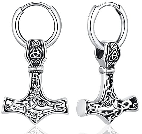 Men's Viking Earrings Silver 925 Viking Thor's Hammer/Viking Axe/Cross/Sword/Feather Viking Earrings Jewellery for Men, 22mm*17mm, Sterling Silver, No Gemstone