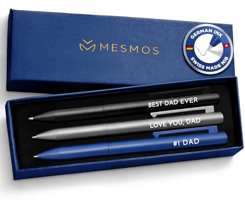 MESMOS Dad Pen Set, Best Ever Birthday Gift for Him from Daughter Son Wife, 3 Engraved Luxury Metal Ballpoint Pens, Cool #1 Fathers Day Gift, Black Ink, Smooth German-Made Writing
