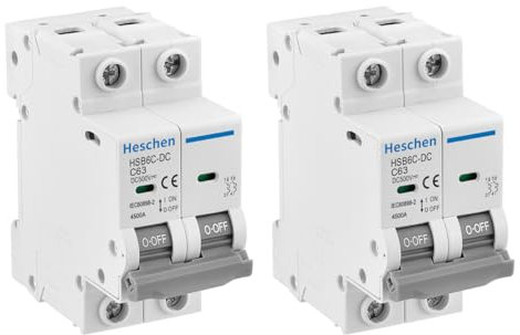Heschen Lot de 2 disjoncteurs miniatures DC HSB6C-DC, 2 pôles, DC500V 63A, Disjoncteur de puissance photovoltaïque, pour système photovoltaïque solaire, panneaux solaires, système de treillis (63A)
