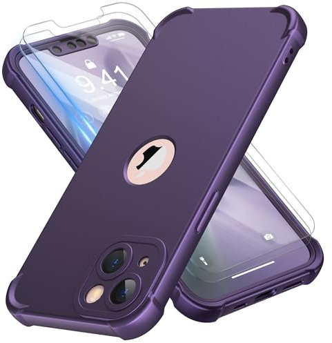 ORETECH for iPhone 13 Case, with [2 Pack Tempered Glass Screen Protector] [Camera Lens Guard] [15FT Military Grade Drop Test] 360° Shockproof Slim Fit Rubber Bumper Phone Cover - Dark Purple
