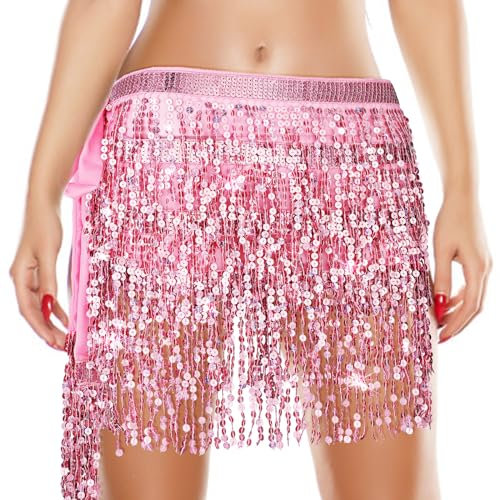 Pailettenrock für Damen Rosa Farbener Quastenrock Bauchtanz Hüftabdeckung Schal Pailletten Rock Glitzernder Quaste Karnevalsrock Bauchtanz Kostüm Halloween Röcke (Bindung an der Taille)