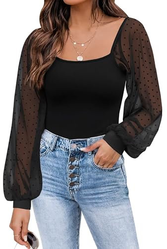 Timuspo Blouses for Women UK Puff Mesh Black Long Sleeve Top Spring Summer Tops Slim Fit T-Shirts Lightweight Ribbed Knit Shirts S