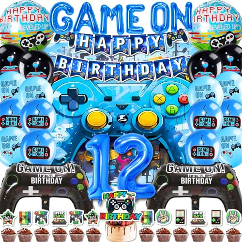 Mowtential 38 Pièces Video Game Party Supplies 2025 nouveau,Bleu 12 Ans Deco Anniversaire Garcon,Gamer Balloon,Bannière,Arrière-plan,Décoration de Gâteau(12 Ans Décoration Thème Gaming)
