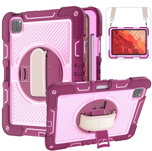 YOUULAR Custodia per tablet Apple iPad Pro 11 (2024)/Apple iPad Pro 11 (M4) 11, custodia antiurto per tablet con supporto girevole a 360° e cinturino da polso, tracolla rosa rossa+rosa