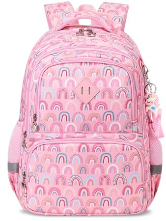 FANDARE Sac à Dos Enfant Arc-en-Ciel Cartable Scolaires Maternelle Garcon Cartable Maternelle Garcon Sac Maternelle avec Bandes réfléchissantes Sac a Dos Fille Cartable Sac a Dos Stitch Rose