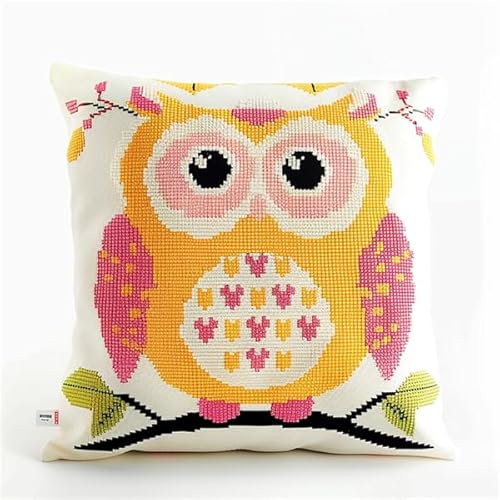 kitphoenix Kreuzstichkissen,Baumwolle,Stickset Anfänger Eule Bastelsets für Erwachsene,Stickkissen, Anfänger, Handstickerei-DIY 40x40cm