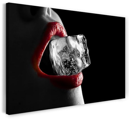 Printistico Leinwandbild (120x80cm) Sinnliche Fotografie schwarz weiß - Rote Lippen mit Eiswürfel, echter Holz-Keilrahmen inkl. Aufhänger, handgefertigt in Deutschland