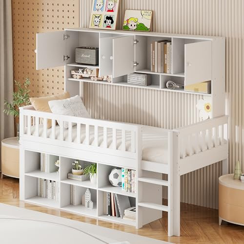 Gegtuon Etagenbett Kinderbett 90x200 cm, Bett aus Holz mit Stauraum Bücherregal und Leiter, Hochbett Bettrahmen mit Lattenrost und Rausfallschutz, Hausbett für Jungen Mädchen, ohne Matratze (Weiß)