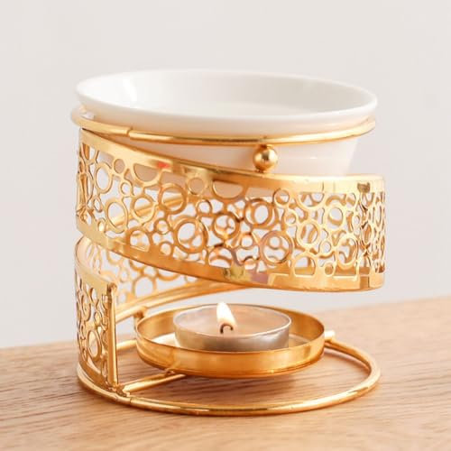 Aromalampe Teelichthalter aus Keramik und Eisen Schwarz, Duftlampe aus Keramik Wachsschmelzbrenner Drehen Golden