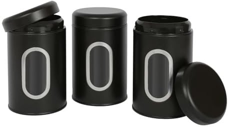 Harbour Housewares Tea Coffee and Sugar Canisters Set - Black - 3pc Transparent Window Airtight Food Storage Containers Kitchen Caddy Stainless Steel Storage Jars
