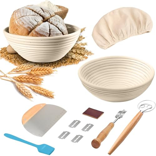 Kazaigou Banneton Proofing Basket, 10inch Bread Proofing Basket Sourdough Bread Baking Supplies, A Complete Sourdough Kit with Bread Lame, Danish Whishk, Sourdough Scraper, Brush and Linen Liner