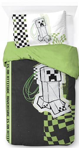 Jay Franco Minecraft Creeper Doodle 100% Baumwolle Einzelbett-Bettbezug-Set – Bettwäsche Enthält Kissenbezug 50 x 70 cm