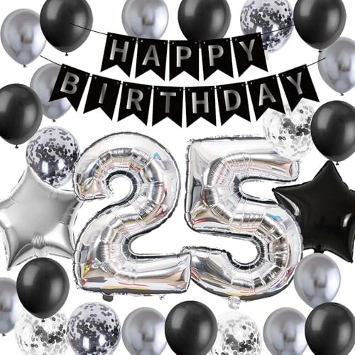 Luftballon 25. Geburtstag deko, 25 Geburtstag Party Ballons Männer, 25. Geburtstags-Banner Silber Schwarz Konfettiballons 25. Geburtstagsdeko für 25 Jahre alt Mann Frauen(25.)