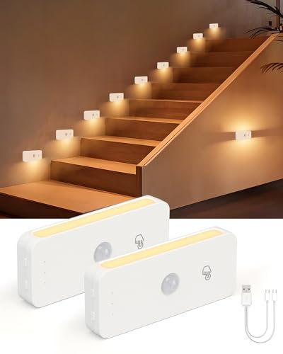 Yiliaw Motion Sensor Night Lights Indoor - Rechargeable Stick-On Stair Lights with Wireless Magnetic Mount, Adjustable Brightness & 3 Color Temps for Hallway, Stairway, Bathroom, Closet (2-Pack)