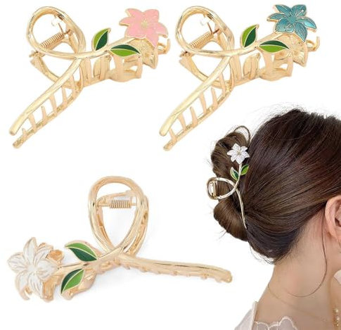 Bangbobi Juego de 3 Pinzas para el Pelo con Forma de Flor Mujer: Pinza Grande para el Pelo Fino y Grueso: Pinza para el Pelo con Forma de Flor Vibrante Adecuada para Cualquier ocasión