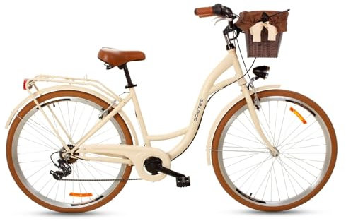 Goetze Style 26 Zoll Damen Citybike, 17 Zoll Tiefeinsteiger ALU Rahmen, 3-Gang Nabenschaltung, Rücktrittbremse, LED-Beleuchtung, Gepäckträger, Komfortsattel, Schutzbleche, Rattankorb mit Stoffeinsatz!