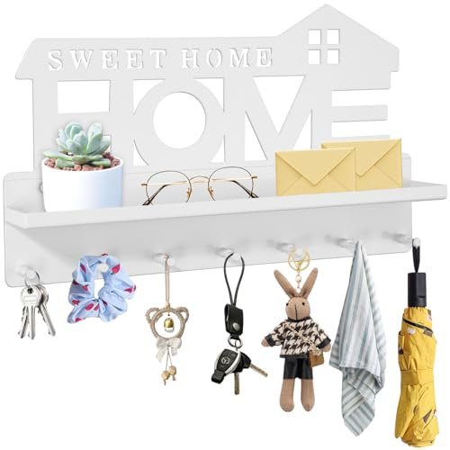 LEAZZLE Schlüsselbrett mit Ablage, Schlüsselkasten mit Sieben Haken, Schlüsselkasten Modern, Schlüsselhalter zur Aufbewahrung kleiner Gegenstände wie Schlüssel und Post im Eingangsbereich