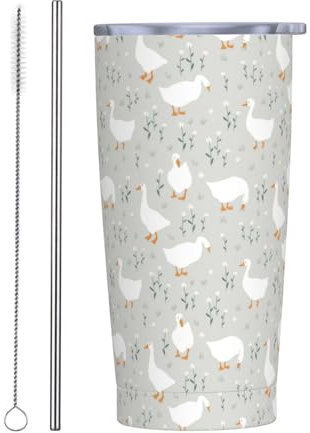 JASROTAO Cute Goose Flowers Tumblers, Goose Floral 20oz Stainless Steel Insulated Travel Tumbler,Travel Coffee Mug with Lid and Straw Cups Gifts for Women Men