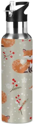 Mexpekil Christmas Snow Red Fruit Fox Water Bottles 600ml Insulated Stainless Steel Water Bottle with Straw Leakproof Vacuum Flask for Kids Adults