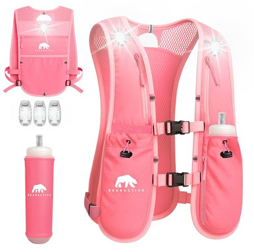 Bearactive LED Running Reflective Hydration Vest with 3 LED Lights, 500ml Bottle and Whistle – Lightweight, Adjustable Clips/Straps Men & Women (Pink Running Vest Bottle Battery Clip, One Size)