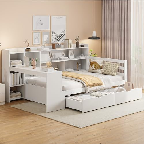 TOBIDOEN Massivholzbett Schlafsofa 90x200 mit große Stauraum und 2 Schubladen, Stauraumbett Funktionsbett mit Schreibtisch, Bücherregalen, Ablagefächern, Regalen, B(Weiß)