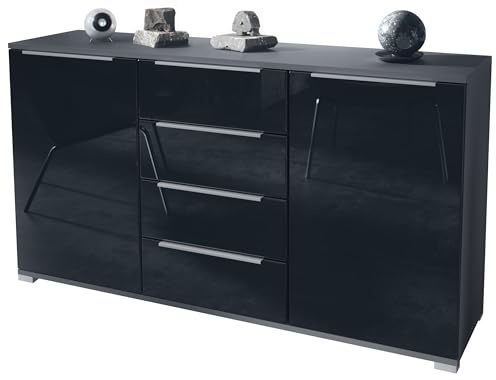 Vladon Sideboard Linio V1, Anrichte mit 2 Türen und 4 Schubladen, Anthrazit matt/Schwarz Hochglanz (138,5 x 75,5 x 35 cm)