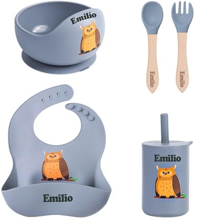 TYRY.HU Silicone Set di Stoviglie con Nome Personalizzata per Bambini, Include Ciotole,Cucchiaio e Forchetta,Set Pappa Svezzamento,Piatto per Lo Svezzamento e L'Alimentazione