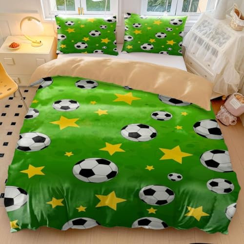 Set di biancheria da letto con copripiumino con motivo calcio dinamico, verde e bianco, a tema sportivo, per ragazzi e adulti, in morbida microfibra (stile 4, singolo135 x 200 cm+65 x 65 cm*2)