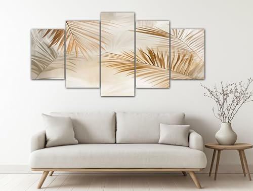 ZORYAN Impression sur Toile ​Motif Feuille de Palmier Aquarelle Tableau Decoratif Mural ​Accents Or Métallique 5 Panneaux Grande Déco Murale ​Or Ambré​ Moderne pour Salon, Chambre, Cuisine